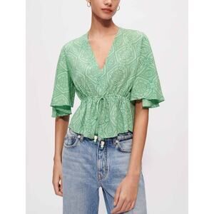 Maje Fluid Printed Green V-Neck Peplum Top Boho Chic Blouse Size FR 1/ US S